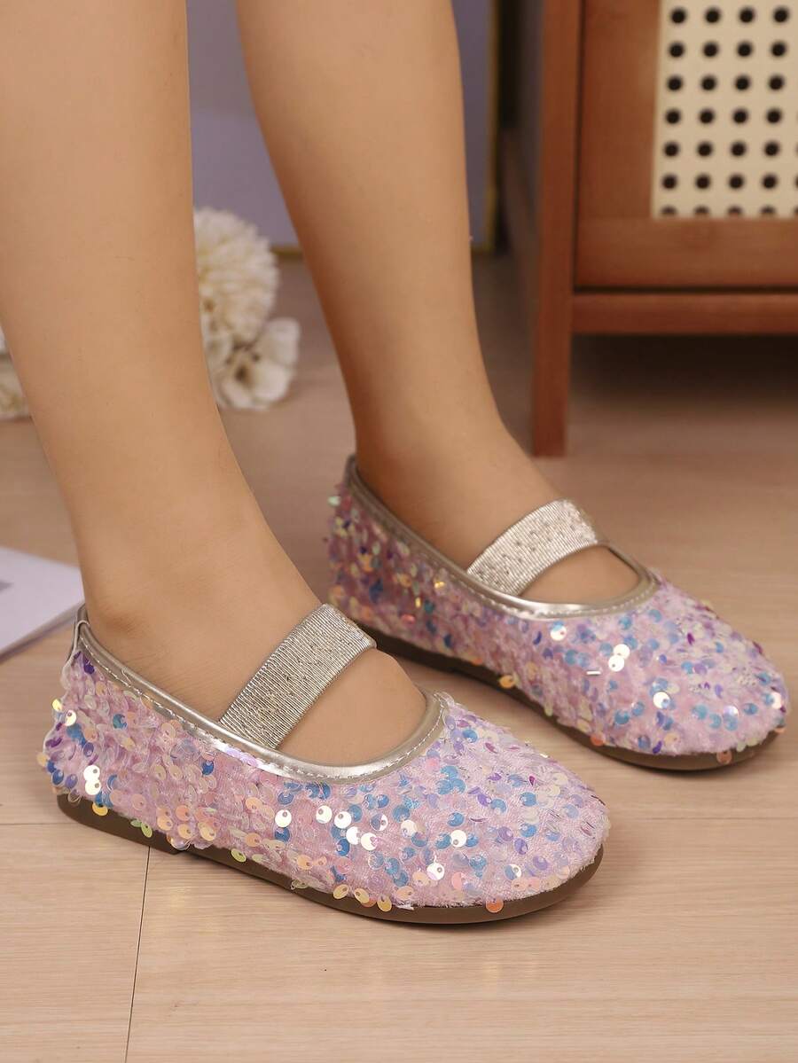 女童秋季新款平底鞋，时尚百搭亮片舞蹈表演鞋，学生鞋，公主鞋，防滑平底鞋 - 粉色 - 查看 1