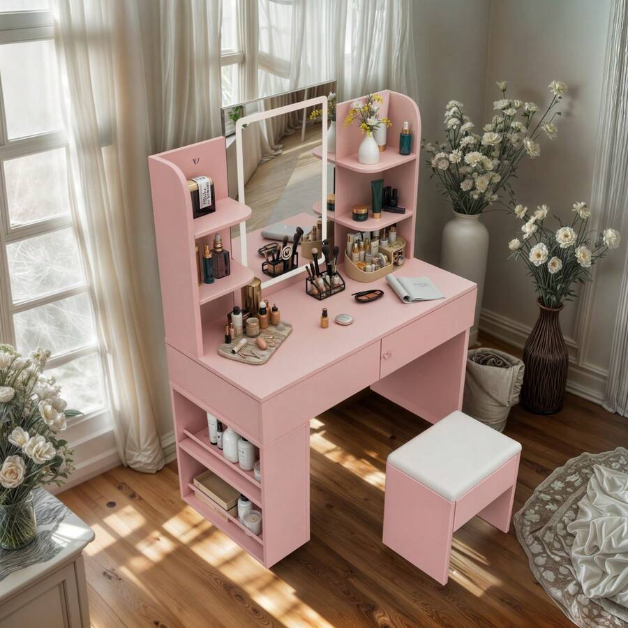Devoko Dressing Table With LED Lighting, 3 Colors With Adjustable Brightness, Dressing Table With Mirror For Make-Up, Cosmetic Table With Adjustable Shelves, 2 Drawers, Modern, White - View 1