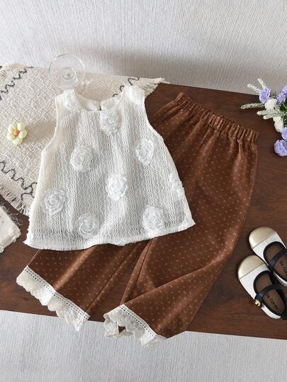 bearleader 2pcs Vintage Style Mesh Floral Knit Sleeveless Top & Lace Patchwork Printed Pants Set, Suitable For 3-7 Years Old Girls Casual Wear