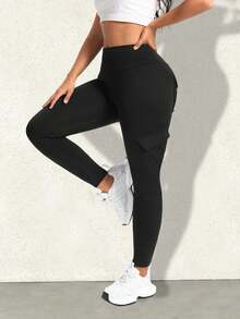 Y2K 高弹力工装裤，宽腰带，高腰翻盖口袋，瑜伽健身紧身裤，休闲百搭户外跑步裤，女士秋季服装 - 黑色 - 查看 1