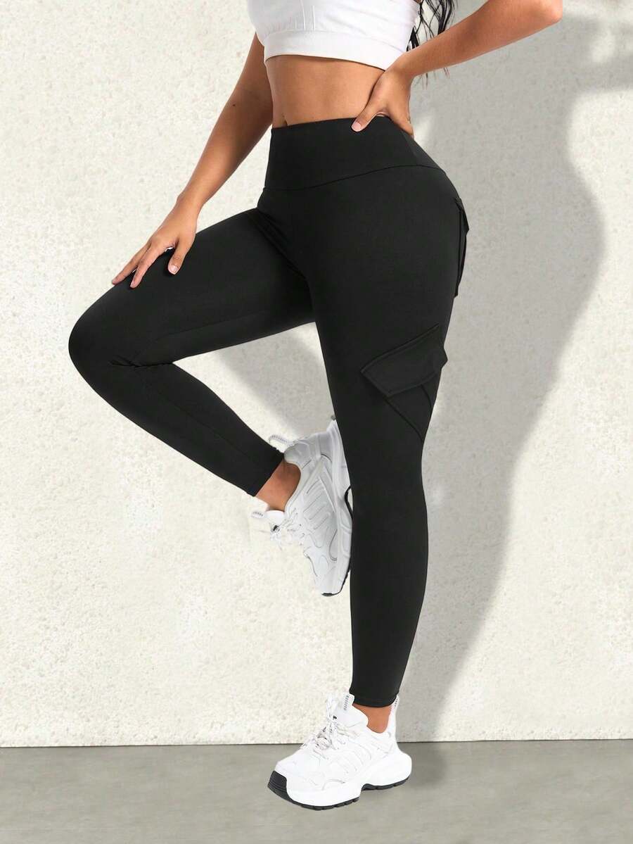 Y2K 高弹力工装裤，宽腰带，高腰翻盖口袋，瑜伽健身紧身裤，休闲百搭户外跑步裤，女士秋季服装 - 黑色 - 查看 1