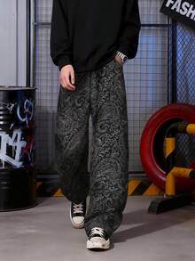 ONE . DINY 美式复古腰果花提花阔腿牛仔裤，深色街头风黑灰渐变时尚休闲裤 - 黑色 - 查看 3