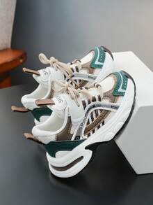 Striped Kids' Casual Sneakers, Breathable Hook & Loop Closure, Lightweight Suitable For Daily Wear - Dark Green - View 2