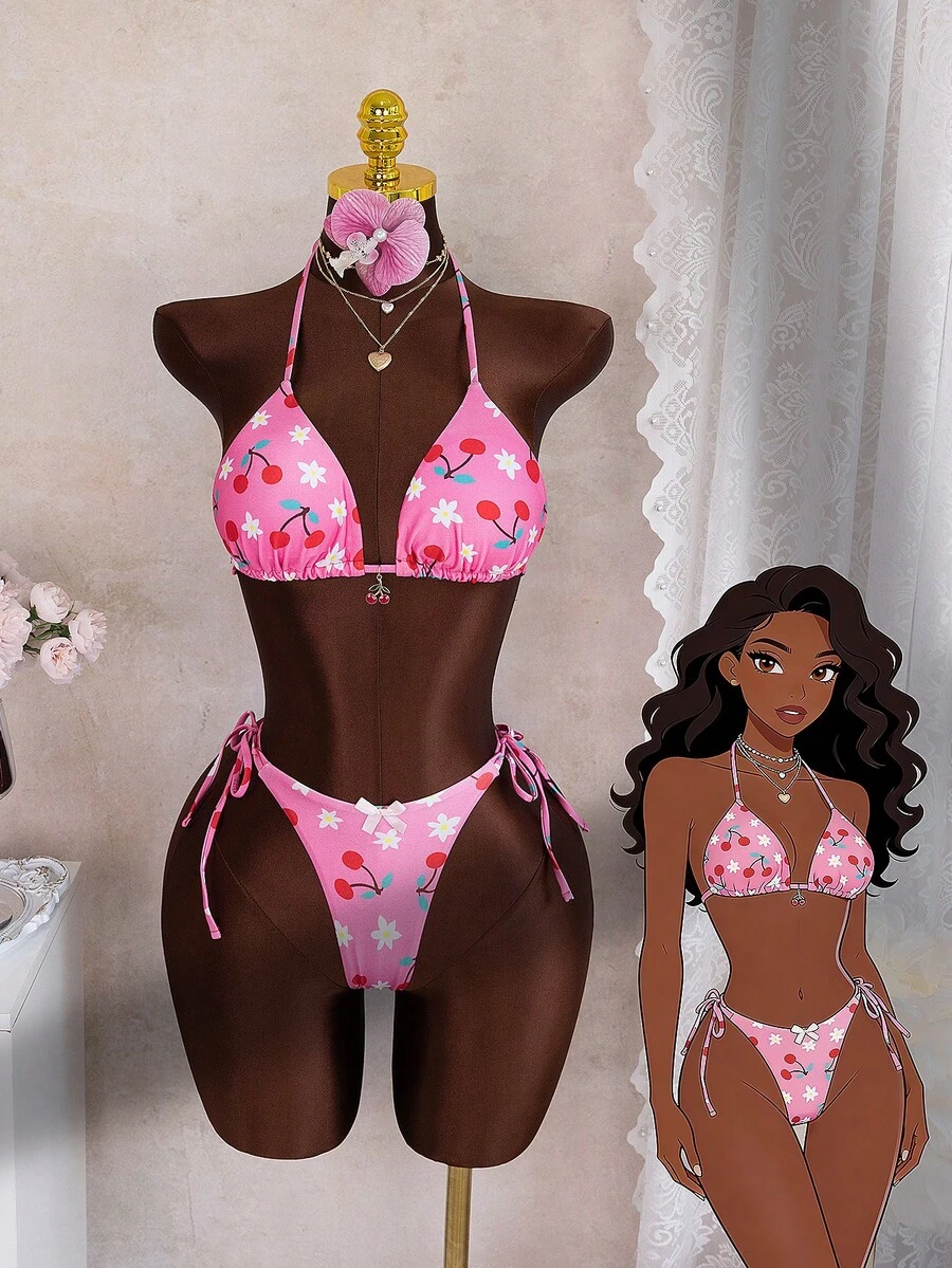 女士可爱樱桃印花系带露背比基尼套装，带打结细节，中等弹力泳衣 - 粉色 - 查看 1