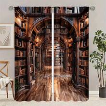 2pcs Library Bookshelf Pattern High-Definition Digital Printing Decorative Curtains, Semi-Transparent Polyester Material, Fade-Resistant. Can Be Hand-Washed Or Machine-Washed, Rod Pocket Hanging, Suitable For Bedroom And Living Room Decoration, Home Decorative Curtains - Multicolor - View 5