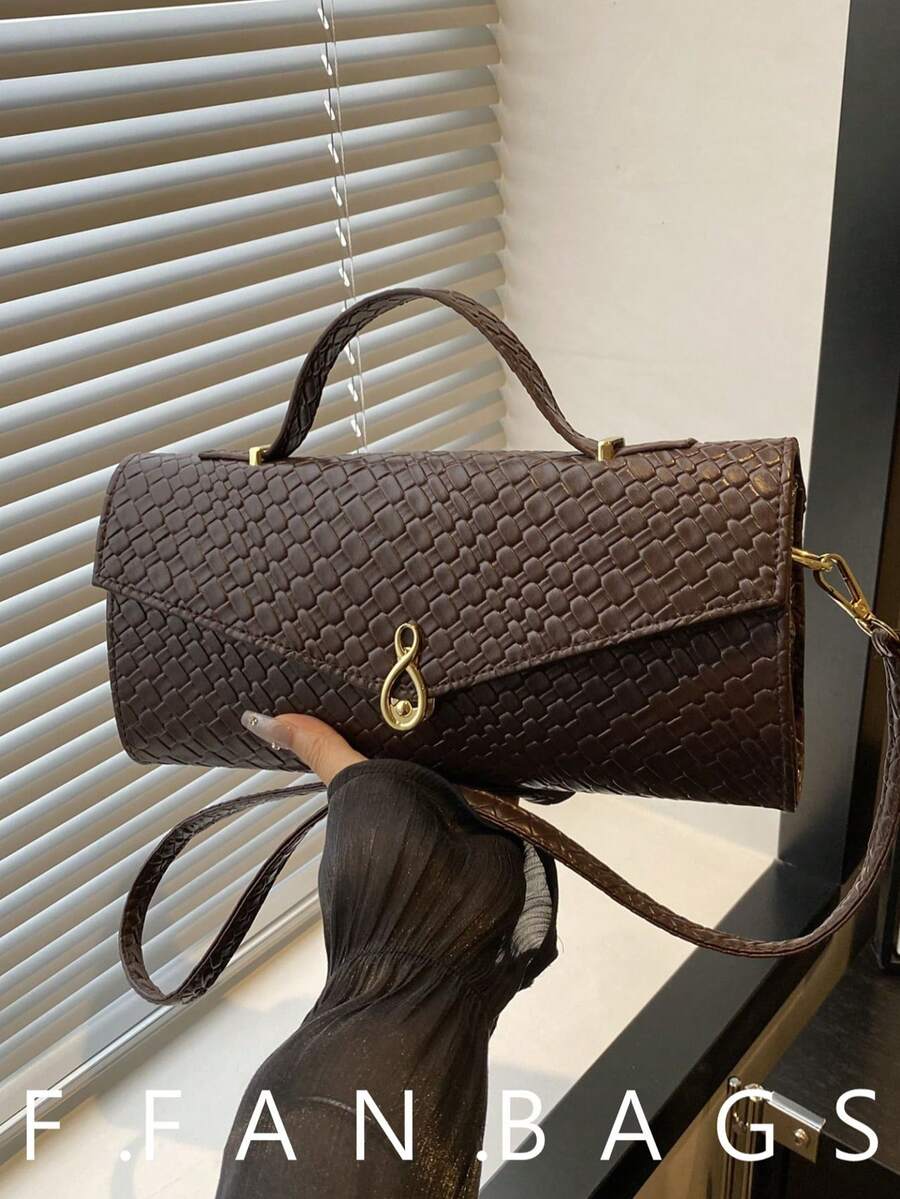 Woven Texture Vintage Design Casual Chic New Clasp Closure Casual Women Shoulder Handbag - Coffee - View 1
