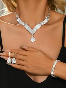 Rhinestone Water Drop Charm Necklace&Drop Earrings&Bracelet White, Red, Black - White 8307 - View 15