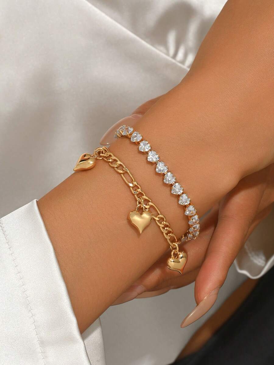 2件套经典金色心形吊坠手链，闪亮水晶饰品，适合女性日常佩戴和派对场合。