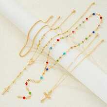 Vintage Colorful Rhinestone Multi-Layer Necklace Cross Pendant Zinc Alloy Gold Plated Stacked Wear Collarbone Chain - Estilo 2 - View 6