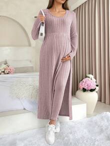 2pcs Maternity Casual Set, Pink/Light Pink Ribbed Long Sleeve V-Neck Slit Front Top With Belly Support Pants, Fashionable & Comfortable Maternity Nursing Wear Spring - Pink - View 3