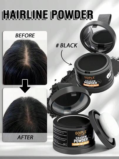  GOIPLE 0.18盎司/5克黑色防水防汗发际线粉，适用于假发蕾丝底座发根覆盖，粉末可填充稀疏发际线，配有柔软海绵粉扑，纤维可用于稀疏头发和胡须，包含配套镜子，方便选择颜色