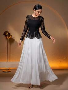 女士蕾丝拼接圆领腰部串珠水钻设计褶裥下摆优雅时尚长裙，纯色蕾丝拼接优雅婚纱春季派对礼服 - 黑與白 - 查看 7