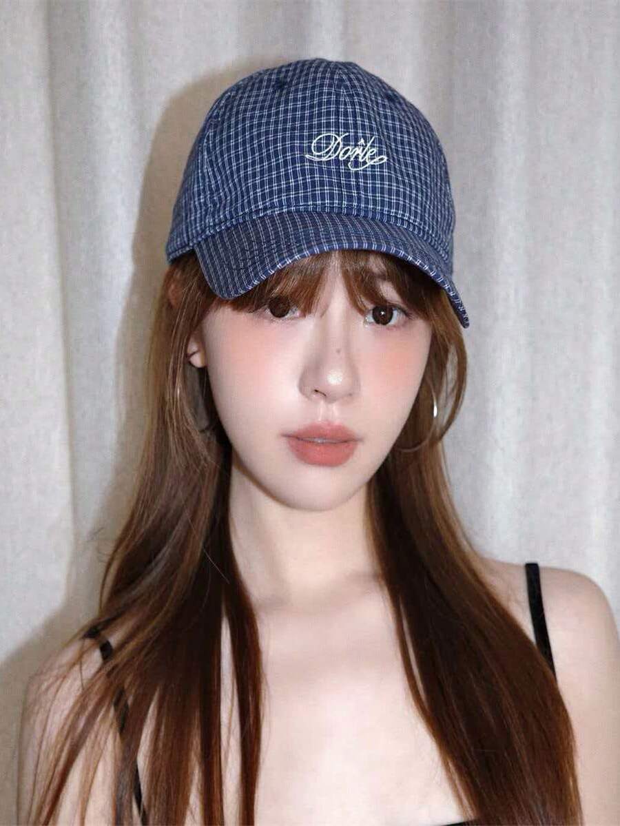 情侣简约字母刺绣软顶复古格纹帽，薄款长檐防晒五片帽，街头风平檐棒球帽，格子棒球帽，男女通用美式英伦学院风运动遮阳帽，春夏款 - 學院風 - 查看 1