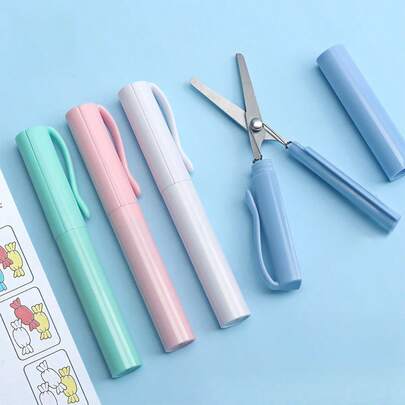 1pc Portable Pen Shaped Scissors With Safety Cap, Compact Stainless Steel Paper Cutter For Students, Creative Office School Stationery Supplies, Fits In Pencil Case