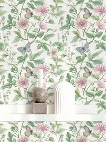 1卷花卉图案自粘墙纸，蝴蝶花卉图案，尺寸为17.32英寸*118.1/196.8/393.7英寸，复古花卉墙纸，可移除自粘墙纸，适合租房者，用于家居装饰、家具DIY和春季节日装饰 - 彩色 - 查看 1