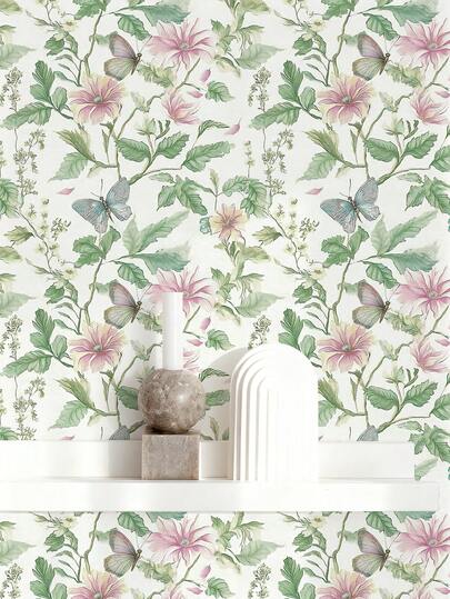 1卷花卉图案自粘墙纸，蝴蝶花卉图案，尺寸为17.32英寸*118.1/196.8/393.7英寸，复古花卉墙纸，可移除自粘墙纸，适合租房者，用于家居装饰、家具DIY和春季节日装饰