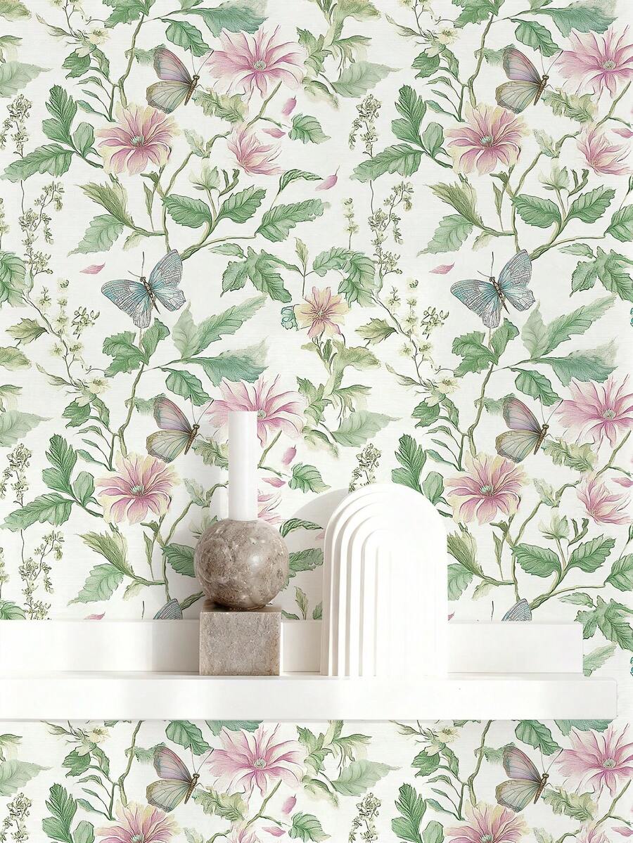 1卷花卉图案自粘墙纸,蝴蝶花卉图案,尺寸为17.32英寸*118.1/196.8/393.7英寸,复古花卉墙纸,可移除自粘墙纸,适合租房者,用于家居装饰、家具DIY和春季节日装饰 - 彩色 - 查看 1