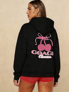 Long Sleeve Top Sweatshirt Front And Back Cherry Pattern Women Women Solid  Cherry Leopard Casual Daily Pullover Hooded Top Pocket Drawstring Hoodie - Đen (NÓNG) - Xem 6