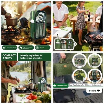 Camping Accessories Kitchen Utensil Set, 12 Pcs Organizer Travel Kit With Multifunctional Cutlery, Stainless Steel Spoon Spatula, Tongs, Waterproof Storage Bag, Equipment