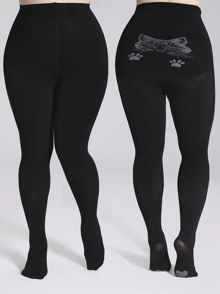 1双大码加厚春秋季紧身女裤，200D尼龙高密度不透明瑜伽底袜，提臀设计，大屁股，猫头图案，提花袜脚，猫爪，防滑，时尚性感女式连裤袜 - 黑色 - 查看 1