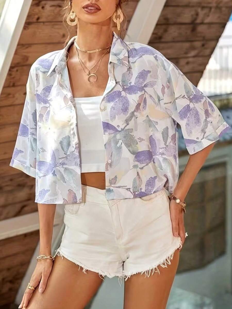 Women's Summer Beach Vacation Loose Fit Dropped Shoulder Cropped Printed Shirt - Multicolor - View 1