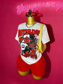 女士休闲嘻哈街头风日常时尚新款T恤和褶皱短裤两件套，美式复古红白图案字母印花T恤和褶皱紧身短裤套装，女士健身套装，女士慢跑套装，女士春季服装，夏季服装，适合派对、聚会、度假、节日礼物、海滩、嘉年华、情人节和新年等场合。 - 紅白色 - 查看 2