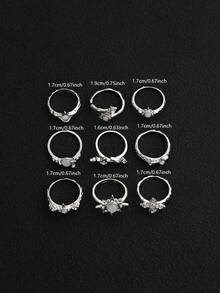 9pcs/Set Asymmetrical Star & Agate Stone Rings, Sweet & Cool Minimalist Cross Rhinestone Rings Set For Women - Silver - View 5