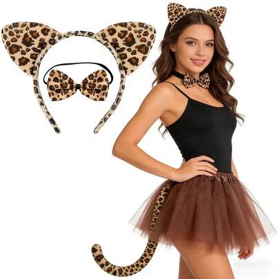 4pcs Leopard Print Costume Set, Animal Costume Accessories Combo, Carnival Costume Props, Photo Props