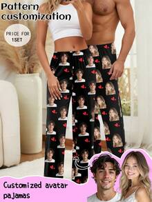 Customized Women's Pajama Pants, Unique Couple's Portrait, Couple's Face Replacement And Pet Face Swap, Holiday Atmosphere - Celebrity Portrait Fan Merchandise - Black - View 5