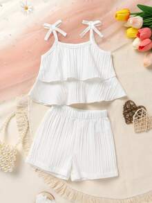 4pcs/Set Baby Girls' Soft & Comfortable Casual Elegant Outfit, Cute Versatile Knit Layered Ruffle Bow Strap Vest And Sports Shorts Set, Suitable For Infant/Toddler Girls, Ideal For Summer Daily Wear, Vacation, Party, Photo Shoot, Outdoor Activities - Multicolor - View 4