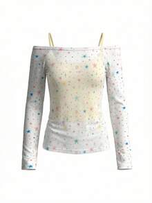 甜美前卫露肩长袖星星印花防晒罩衫和吊带背心两件套 - 白色 - 查看 6