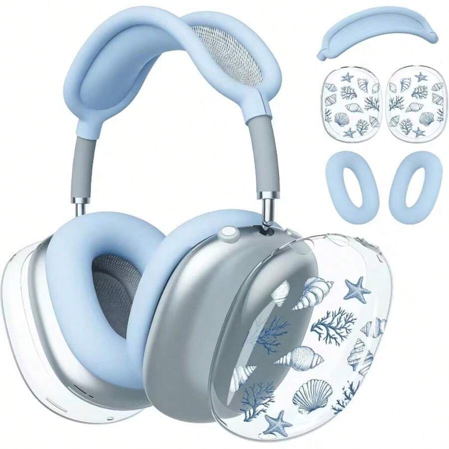 Blue Seashell Design Protective Case Compatible With Apple Wireless Headphones, Scratch-Resistant And Shockproof Cover Compatible With Apple Headphones - Clear - View 1
