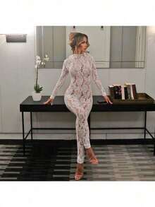Jumpsuits For Woman Winter Clothes For Women One Piece Jumpsuit Thanksgiving Outfit Women Sexy Lace See-Through Tight Long-Sleeved Zipper Jumpsuit - 白色 - 查看 2