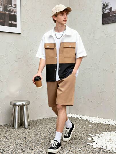 3-Color Patchwork Teenage Boys Short Sleeve Shirt And Shorts 2 Pieces Set, Fashionable And Casual Outfit For Outdoor Sports, Daily Wear, School, Gathering