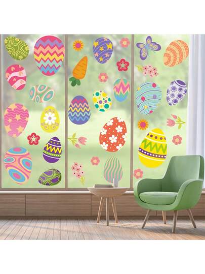 一套复活节彩蛋贴纸，窗贴，PVC静电贴纸 - 适用于玻璃门、冰箱 - 易于粘贴，复活节派对装饰