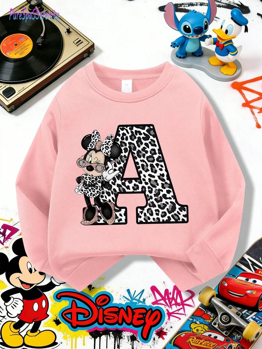 1pc Disney Minnie Mouse Tween Girl Playful Sweatshirt With Leopard-Patterned Letter A Character Print - Cozy & Easy-Care For Casual Outings & Relaxed At-Home Moments - 粉色 - 查看 1