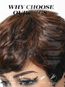 Ombre Brown And Black Short Straight Chic Pixie Cut Blended Wig With Bangs 150% Density 6 Inches Blend Hair Wig Suitable For Daily Party Festival And Cosplay Wigs For Women Hairstyle - S1/4 - View 9