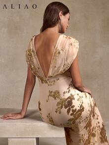 Aliao 花卉亮片刺绣 V 领网纱拼接连衣裙，优雅日常穿着，适合派对、新年、复古风、情人节、婚礼宾客、春季装扮，是优雅派对的理想之选。 - 金色 - 查看 1