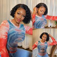 13*4 Lace Front Wig, Natural Black Water Wave Curly Short Human Hair Wig