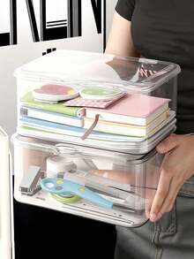 1pc Transparent Acrylic Desktop Storage Box With Lid, Dust-Proof Stationery Organizer Box, Office Desk Supplies Storage Box, Multi-Purpose Storage Box For Home And Office, Can Also Be Used To Store Cosmetics, Makeup Tools, Face Masks, Jewelry, Hair Accessories, Room Decor, Back To School Supplies, And Bathroom Items. - Transparent - View 3