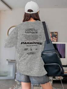 Women's Oversized Printed T-Shirt - Cheerful Paradise Phrase - Loose, Casual, Stylish, Modern, And Cool Blouse - 灰色 - 查看 4