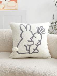 1pc Easter Bunny & Carrot Embroidered Decorative Pillow Cover, Made Of Granular Teddy Plush Fabric With Handmade Pom Poms, Ideal For Home Sofa Decor, Bedroom, Chair, Car Accessories, Pillow Insert Not Included - Multicolor - View 11
