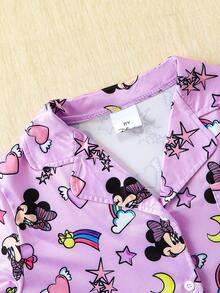 Disney 少女梦幻元素翻领纽扣短袖衬衫+松紧腰长裤套装，夏季儿童舒适休闲装，适合日常穿着和居家穿着 - 紫色 - 查看 3