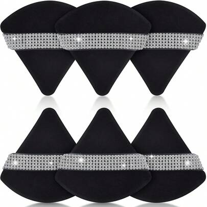 6个装不同颜色三角散粉扑套装，水晶绒短毛，柔软粘稠，适用于化妆、家居装饰、梳妆台、旅行、卧室等各种场合，是理想的化妆配件。产品包含粉扑、化妆海绵等，价格实惠，适合作为圣诞礼物或小型圣诞礼物。