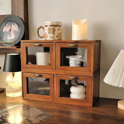 1 st stapelbart förvaringsskåp i massivt trä, synliga glasdörrar med 2 lådor, platsbesparande förvaring på skrivbord/sovrum/entré/vardagsrum - perfekt för figurer/kontorsmaterial/smink