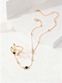 1pc Elegant Chain-Style 2-In-1 Double V Ring Bracelet, Bohemian Gold Chain With Black Faux Gemstone, Adjustable Wrist Cuff Bracelet Ring Set, Suitable For Women Wedding, Party, Travel - Gold - View 3