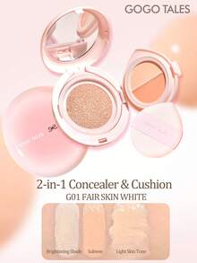 GOGO TALES Kem che khuyết điểm và kem nền dạng cushion Porcelain Light-Infused, kem che khuyết điểm dạng lì và kem nền dạng cushion lâu trôi, kiểm soát dầu, bảng màu 2 trong 1 dành cho da hỗn hợp, da dầu và da khô, phù hợp cho học sinh, GOGOTALES - G01 Da trắng sáng - Xem 2