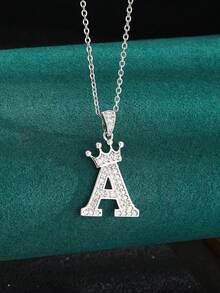 1 buc colier minimalist elegant cu zirconiu cubic argintiu, coroană și literă cu pandantiv, colier bijuterii la modă pentru copii, colier decorativ pentru petrecere, accesoriu hip-hop stradal - Argint - Vizualizare 3