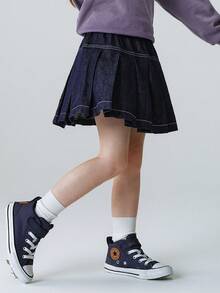 mini bala Girls Denim Pleated Skirt Soft Breathable Preppy Style Spring New