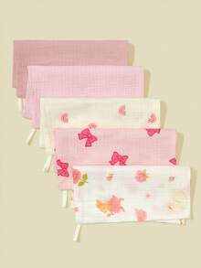 5pcs/Pack Floral & Cartoon Animal Print Baby Cotton Gauze Bibs, Feeding Handkerchief, Saliva Towel - Multicolor - View 1
